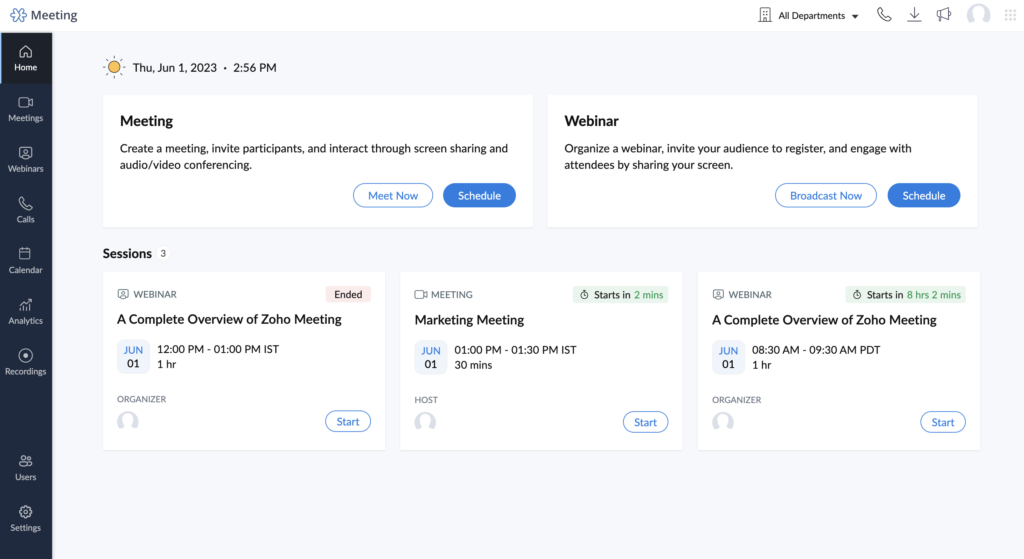 Zoho Meeting dashboard view showing meeting scheduling options