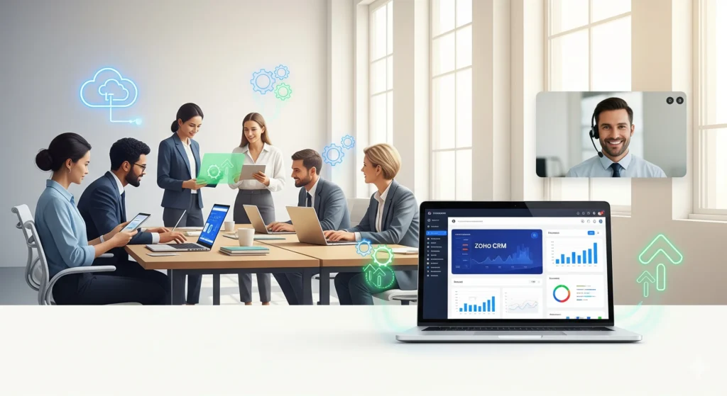 Business team using Zoho CRM with technical support assistance in a modern office