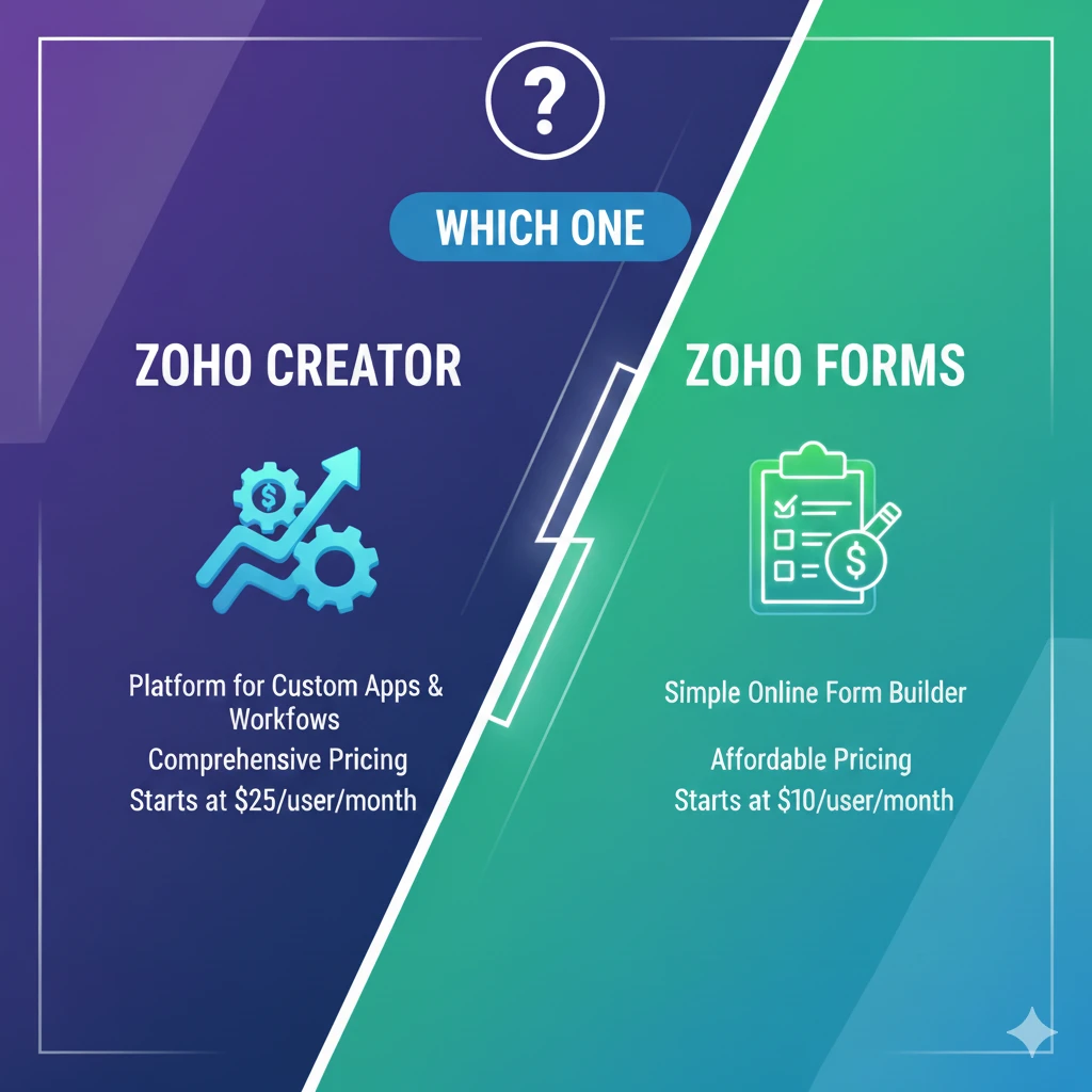 Comparison image showing Zoho Creator for custom apps vs Zoho Forms for simple online form building with pricing details