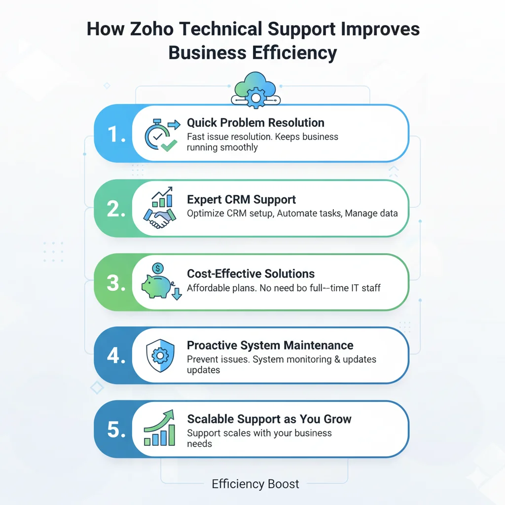 Infographic showing how Zoho technical support improves business efficiency through quick problem resolution, expert CRM support, cost-effective solutions, proactive maintenance, and scalable support.