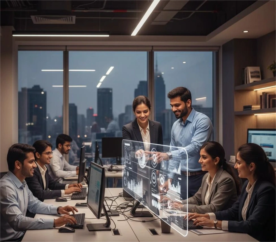 professionals collaborating in a modern office, representing an Authorized Zoho Partner in Hyderabad