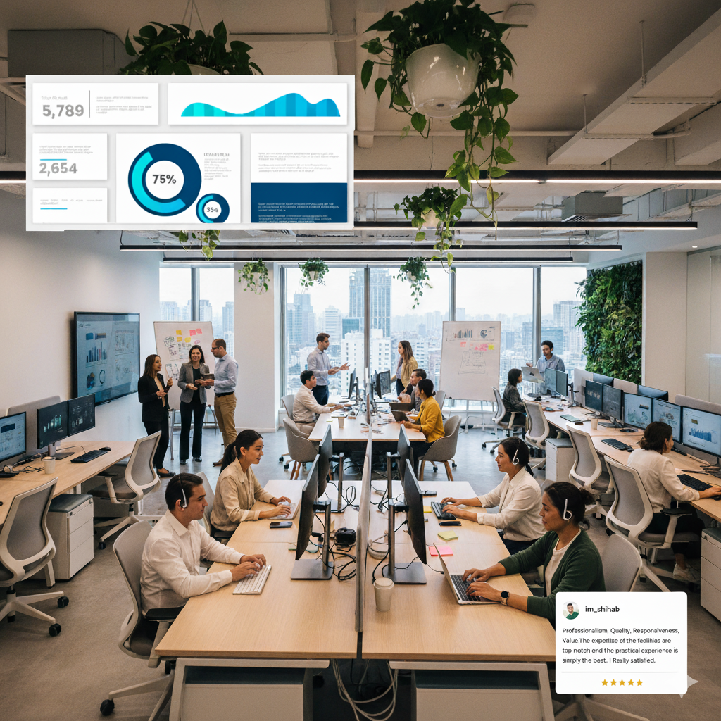 Zoho Partner in Delhi team working on CRM implementation and customer support in a modern office with dashboards and client feedback screens.