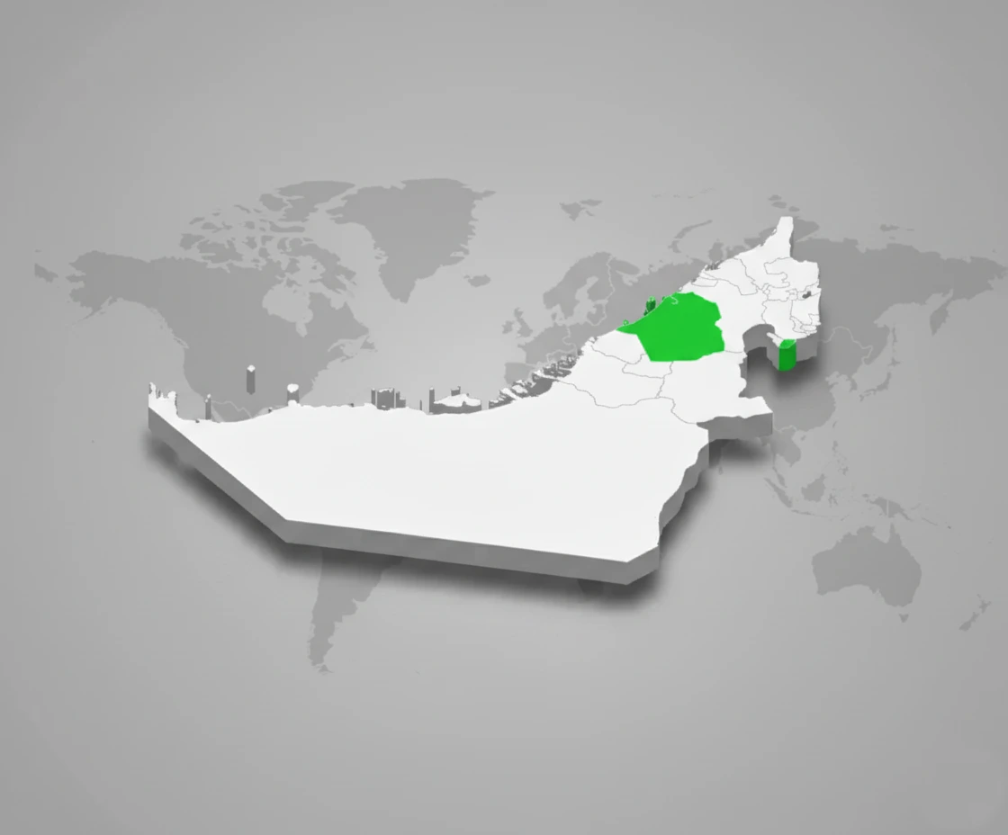 3D map of the UAE with Dubai highlighted in green, showing its location globally, for companies seeking a Zoho partner in Dubai.
