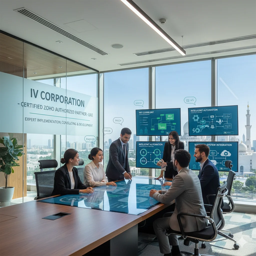 Professional corporate team collaborating in a modern Abu Dhabi office, showcasing IV Corporation’s Zoho Solutions, consulting, and integration services.