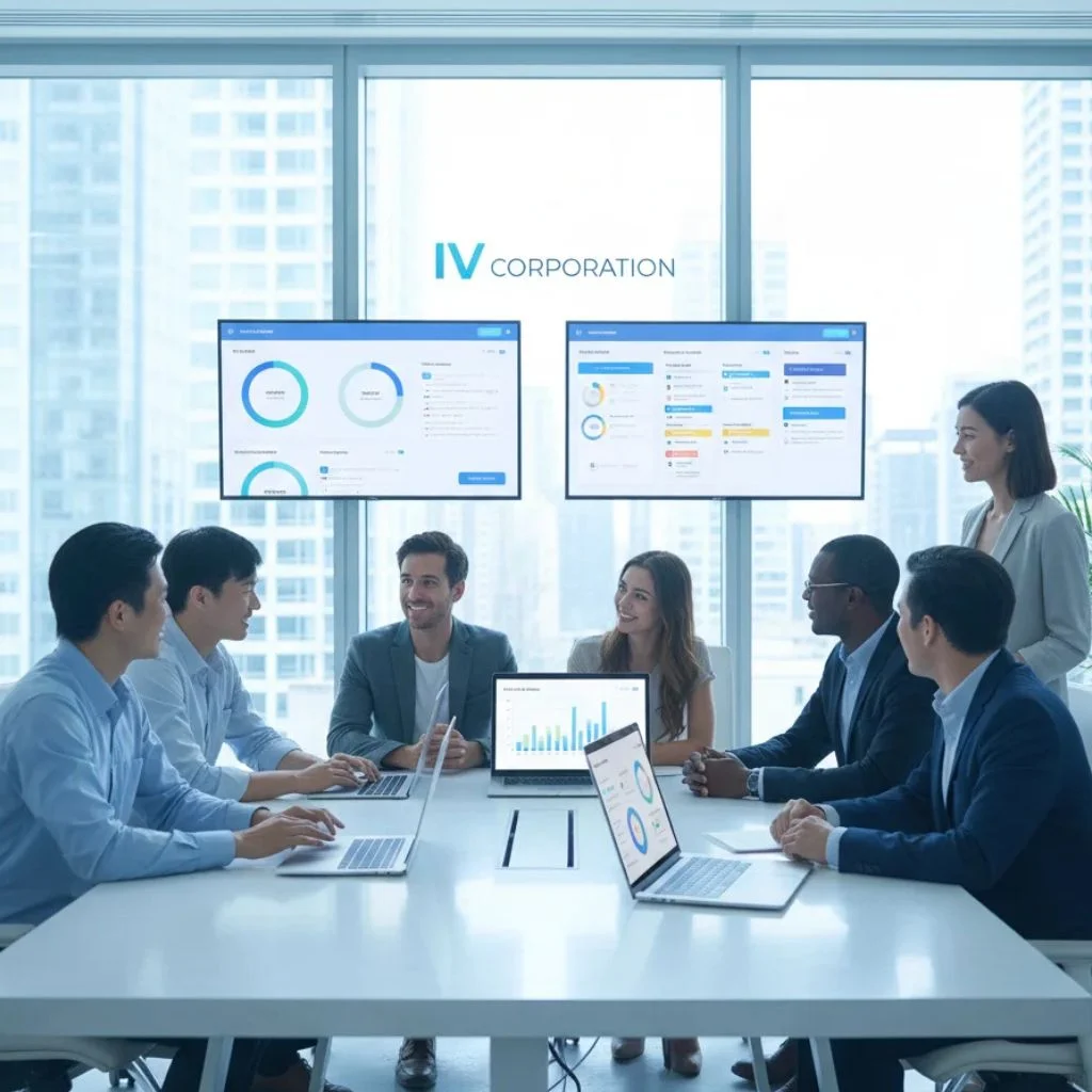 Diverse team of professionals collaborating around laptops and dashboards, representing a Zoho Authorized Partner in Abu Dhabi.