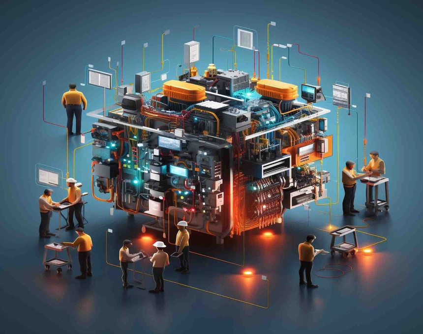 Intricate isometric illustration showing small engineers configuring a massive glowing machinery cube. Cover page for a Zoho Authorized Partner Kolkata, highlighting Zoho Advanced Partner in Kolkata and Zoho Certificate Partners expertise.