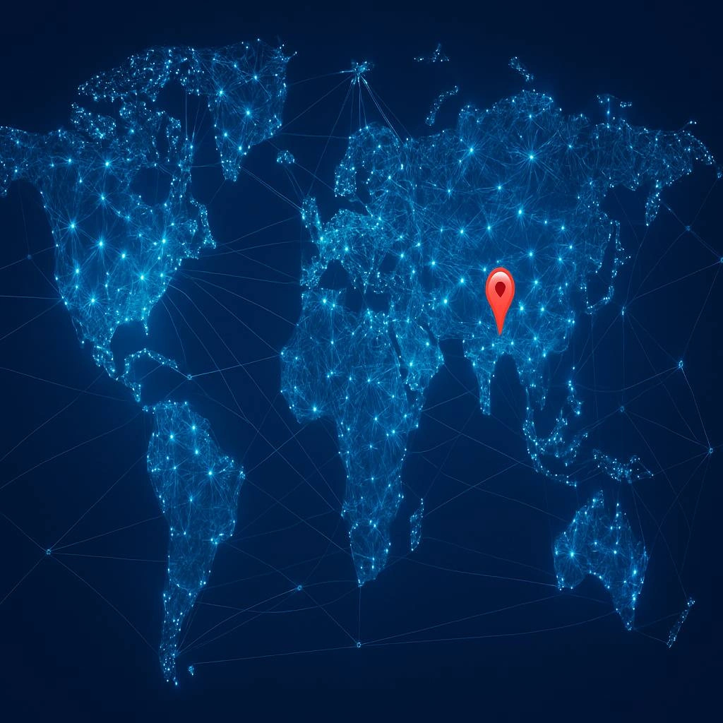 World map with glowing blue connection lines and a red location marker highlighting Kolkata, India, symbolizing Zoho implementation service presence.