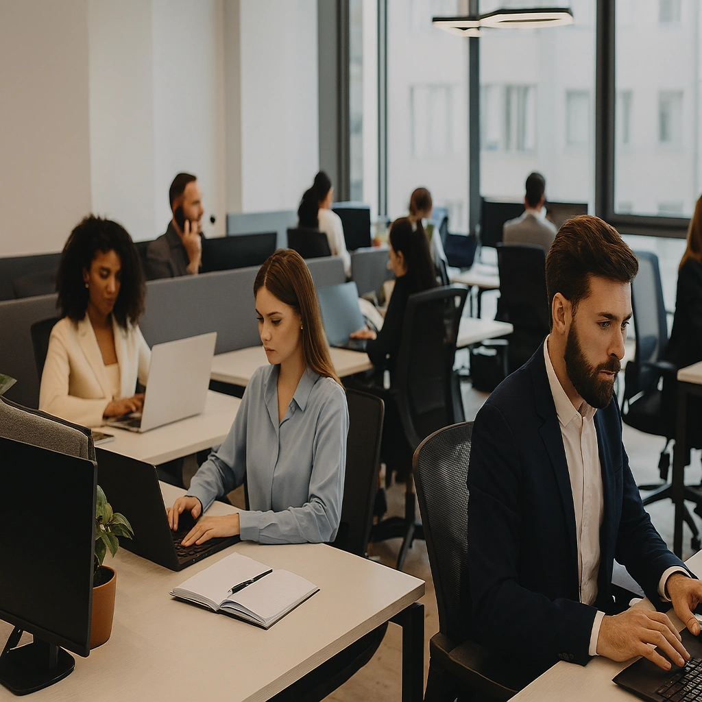 Modern office space with professionals collaborating at desks, representing the team of an Authorized Zoho Partner in Chennai.