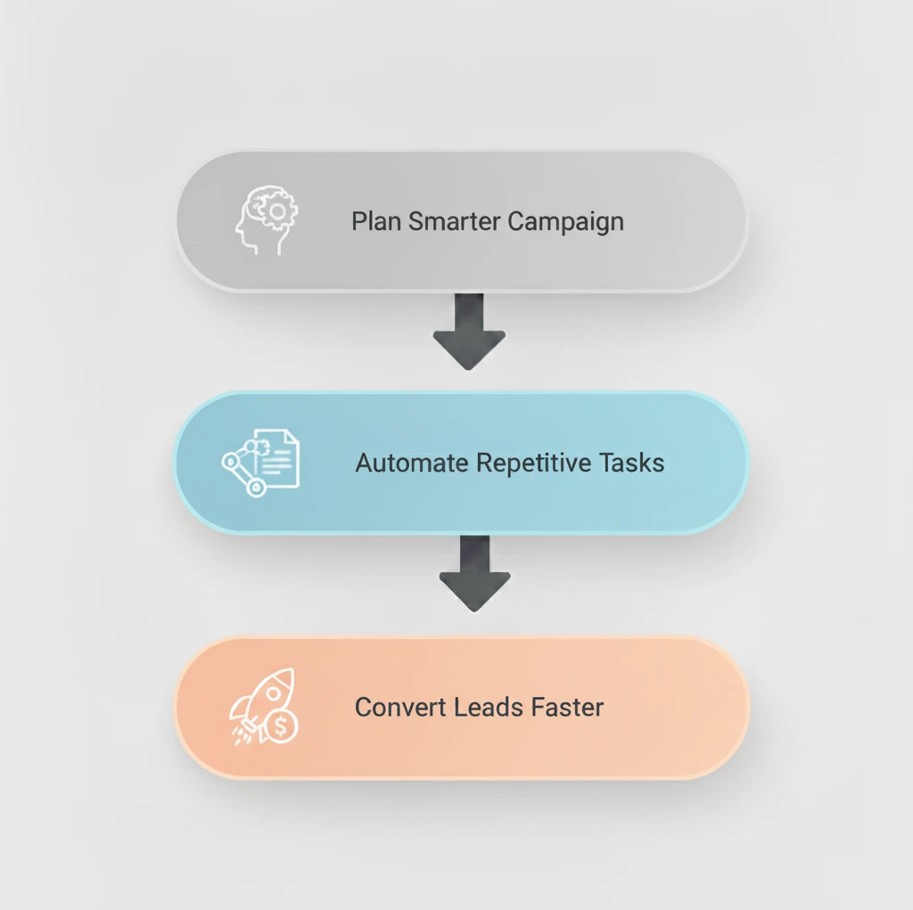 Workflow showing how to plan smarter campaigns, automate repetitive tasks, and convert leads faster using Zoho tools.