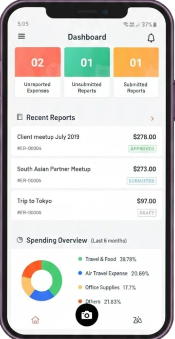 Phone showing interface of Zoho Expense