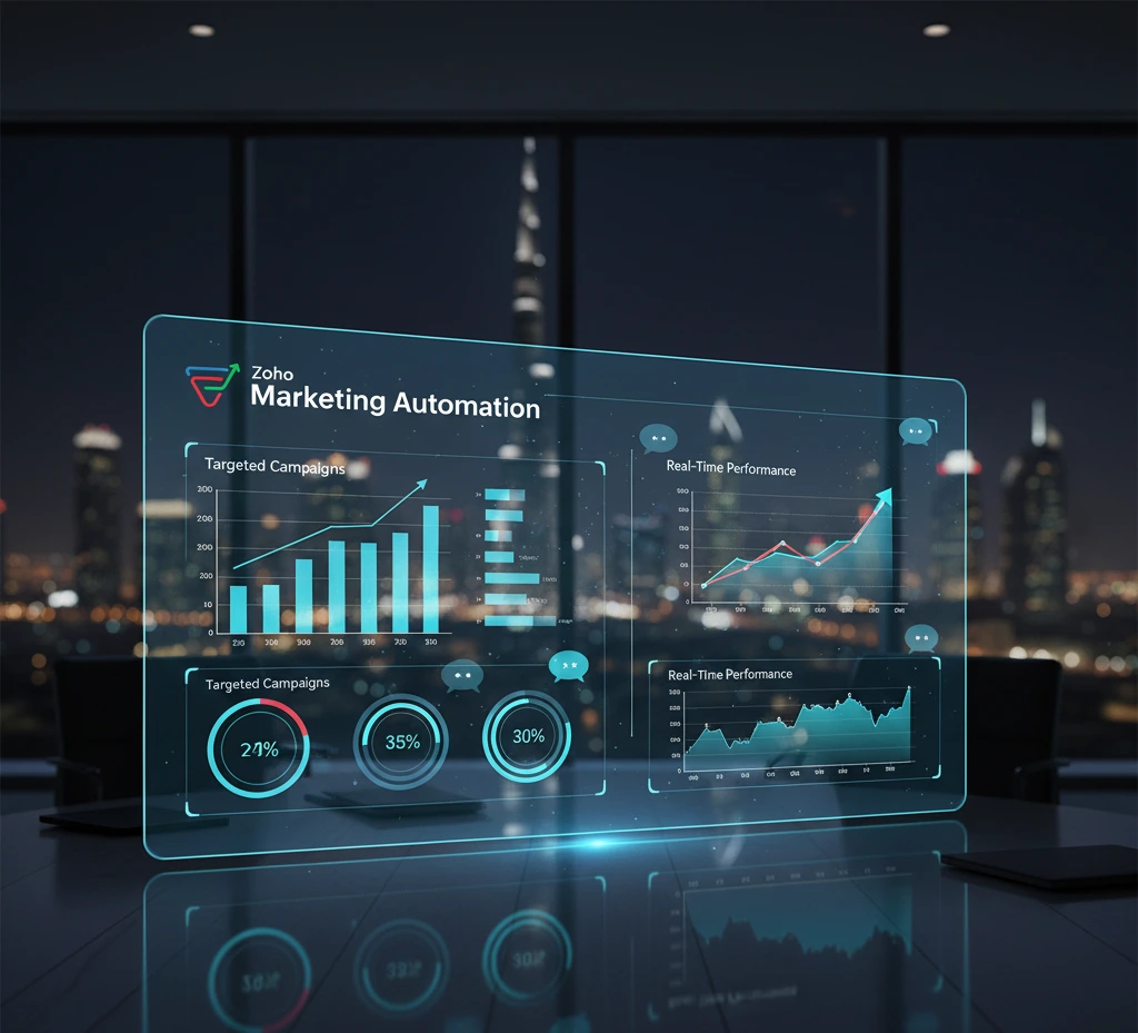 Futuristic dashboard showing Zoho Marketing Automation analytics and campaign performance metrics.