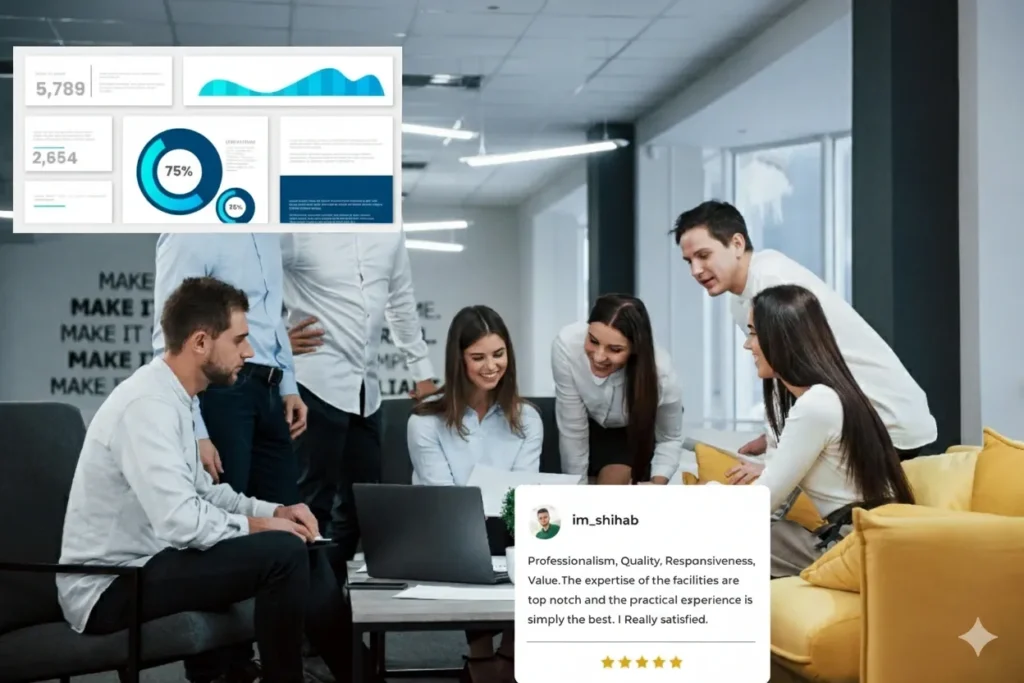Team of professionals collaborating around a laptop, analyzing business performance dashboards and client feedback in a modern office environment.