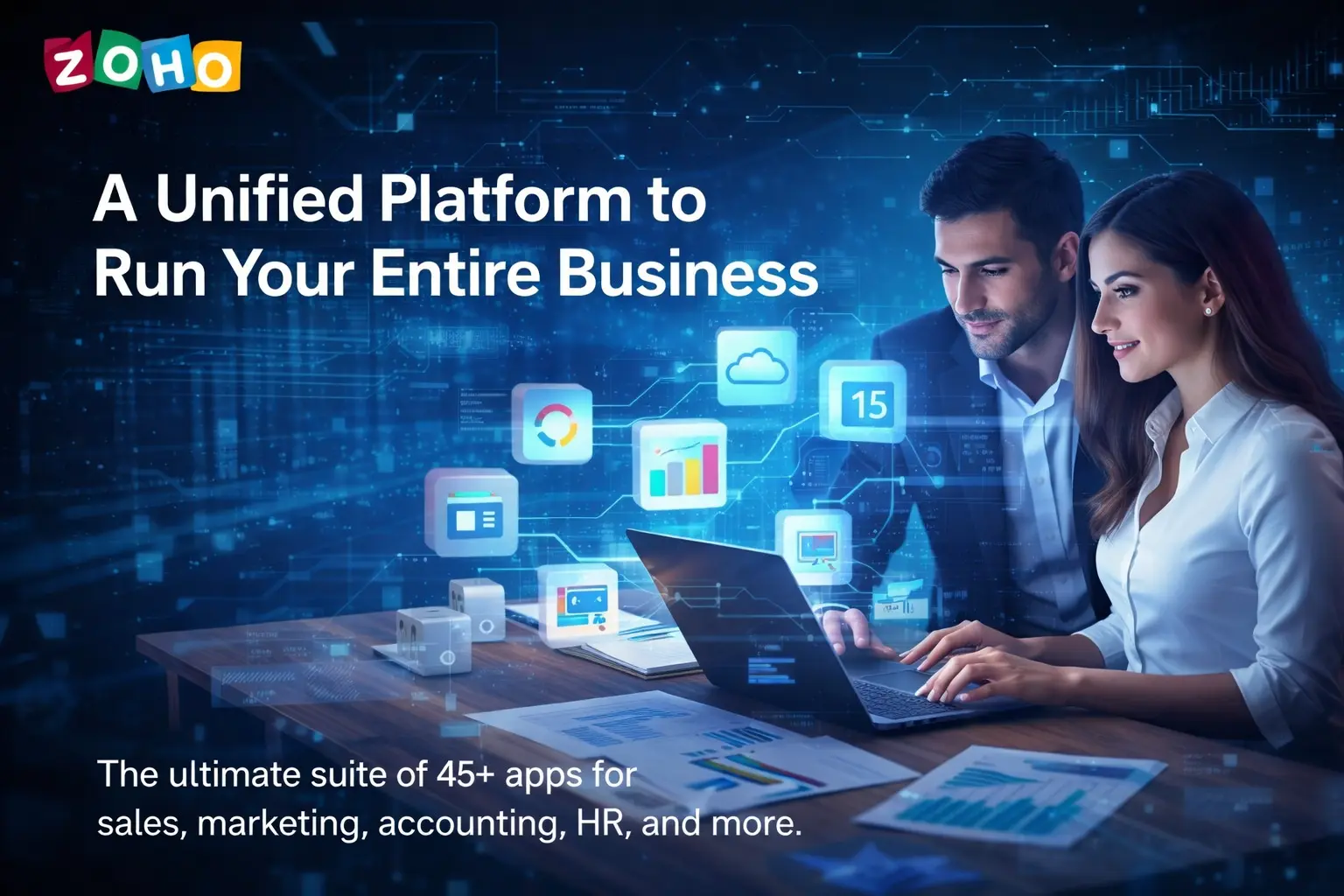 Zoho unified business platform displayed with digital app icons, analytics dashboards, and professionals working on a laptop in a futuristic tech environment.