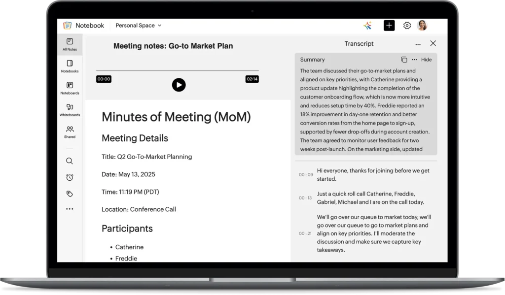 Zoho Notebook AI features generating automatic meeting minutes and summaries in real time.