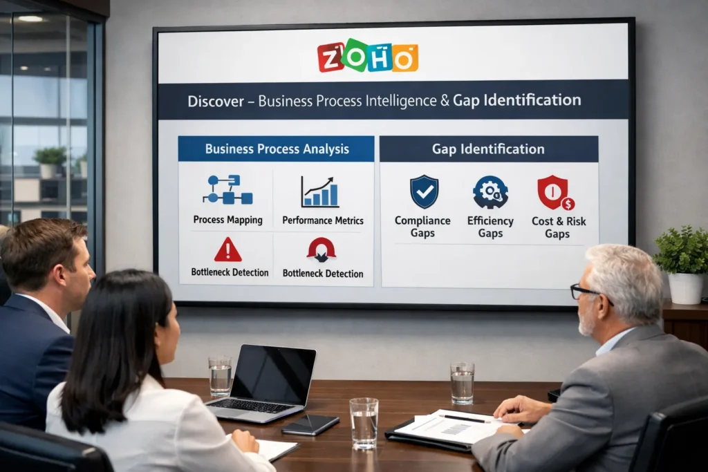 Business professionals in a modern office reviewing a Zoho Discover presentation focused on Business Process Intelligence and Gap Identification on a large screen.