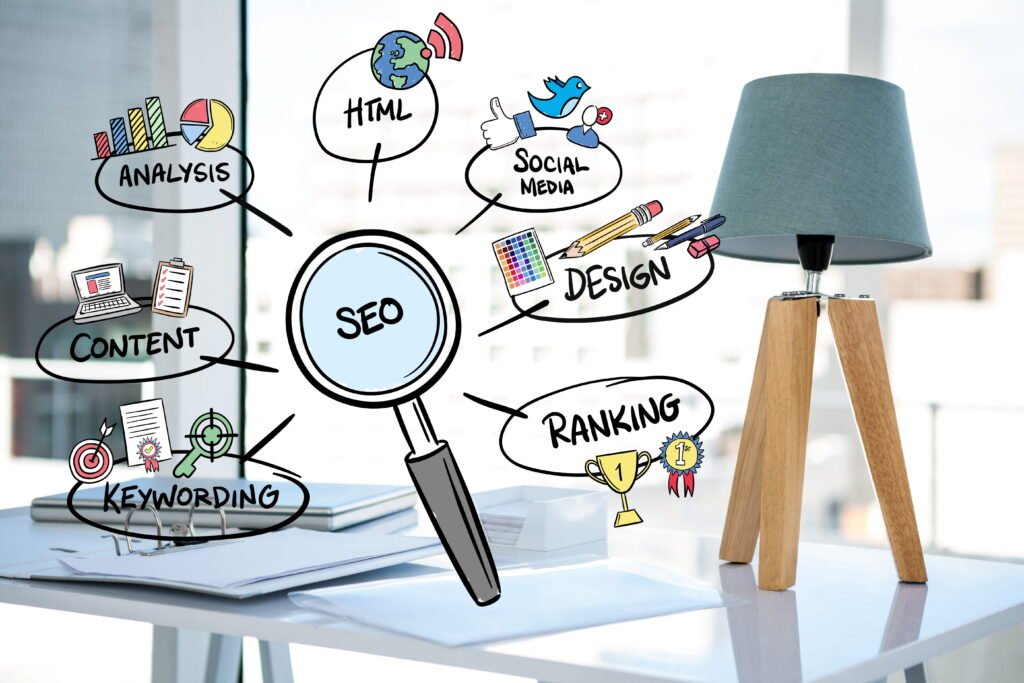 "SEO concept illustration with a magnifying glass surrounded by hand-drawn icons for analysis, HTML, social media, design, ranking, content, and keywording, on an office desk with a wooden tripod lamp