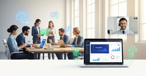 Business team using Zoho CRM with technical support assistance in a modern office